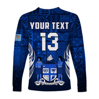 (Custom Text and Number) Fiji Rugby Long Sleeve Shirt Flying Fijians Blue Tapa Pattern LT13 - Wonder Print Shop