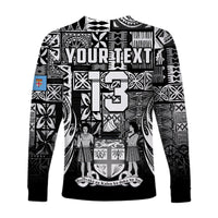 (Custom Text and Number) Fiji Rugby Long Sleeve Shirt Flying Fijians Black Tapa Pattern LT13 - Wonder Print Shop