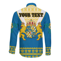 (Custom Personalised) Sweden Long Sleeve Button Shirt Swedish Coat Of Arms With Scandinavian Flowers - Wonder Print Shop