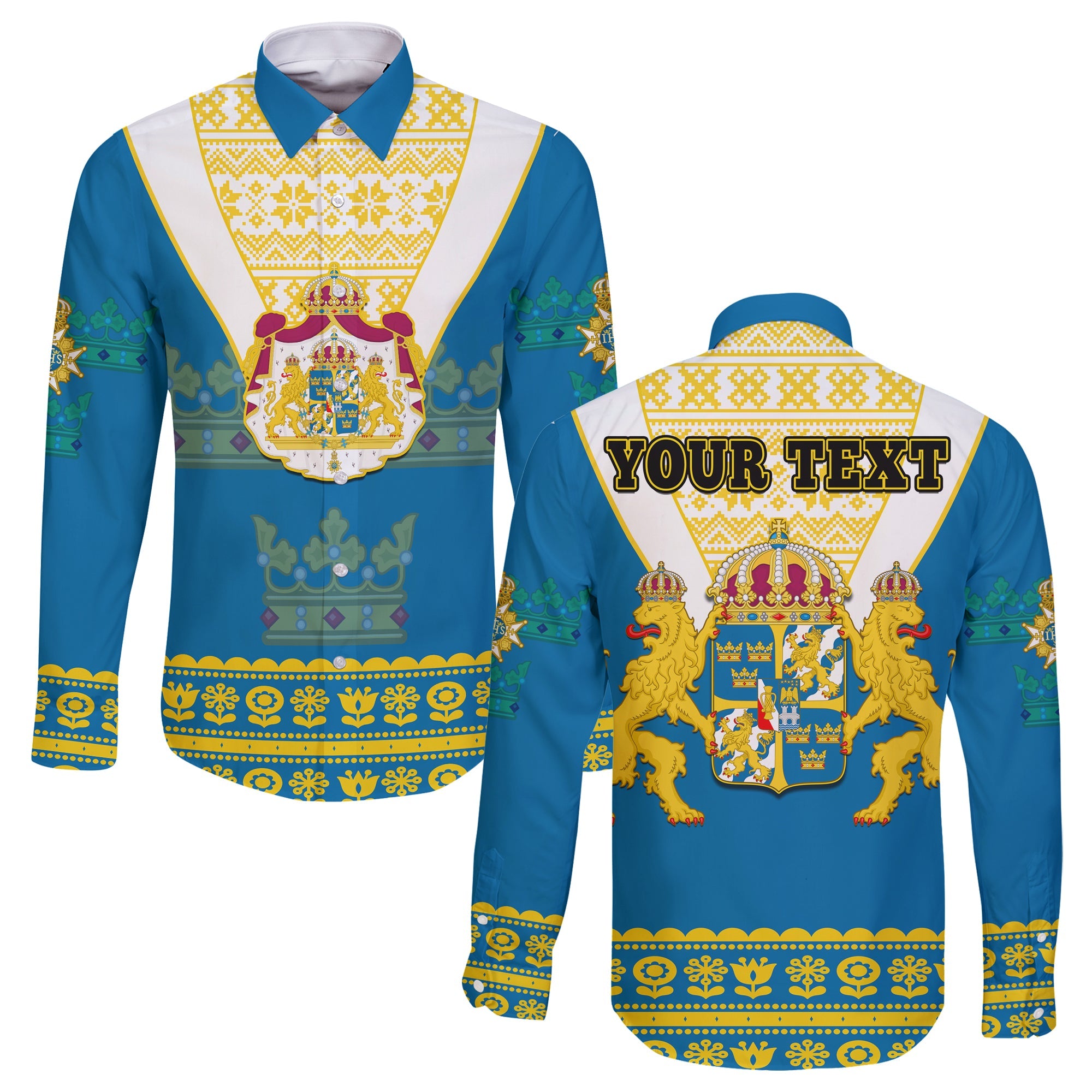 custom-personalised-sweden-long-sleeve-button-shirt-swedish-coat-of-arms-with-scandinavian-flowers