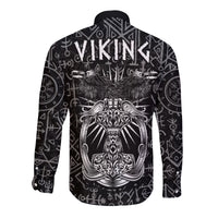 Black long-sleeve button shirt with Viking head and Mjolnir-style hammer graphic