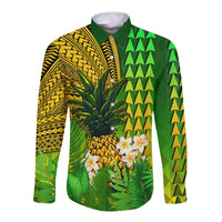 (Custom Personalised) Hawaii Pineapple Long Sleeve Button Shirt Plumeria Frangipani Mix Tribal Pattern LT13 - Wonder Print Shop