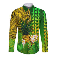Hawaii Pineapple Long Sleeve Button Shirt Plumeria Frangipani Mix Tribal Pattern LT13 - Wonder Print Shop