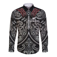 Custom Text and Number New Zealand Silver Fern Rugby Long Sleeve Button Shirt All Black NZ Maori Pattern LT13 - Wonder Print Shop