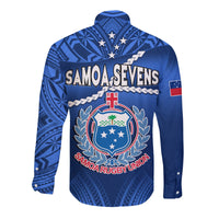 Blue long-sleeve rugby button shirt back, Samoa Sevens text with crest and laurel
