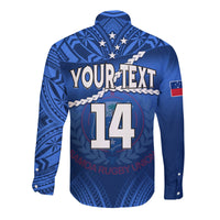 (Custom Text And Number) Samoa Rugby Long Sleeve Button Shirt Manu Samoa Polynesian Hibiscus Blue Style - Wonder Print Shop