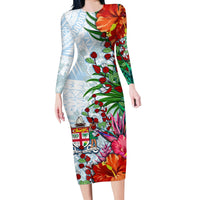 Long-sleeve midi dress with tropical floral tapa print, fitted bodycon