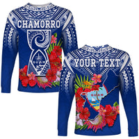 Custom Personalised Guam Chamorro Long Sleeve Shirt Guaman Latte Stone Tropical Flowers Blue Version - Wonder Print Shop