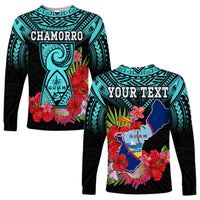 Custom Personalised Guam Chamorro Long Sleeve Shirt Guaman Latte Stone Tropical Flowers Turquoise Style - Wonder Print Shop