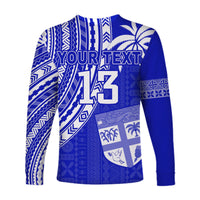 Custom Text and Number Fiji Rugby Sevens Long Sleeve Shirt Fijian 7s Tapa Polynesian Blue Ver.02 LT13 - Wonder Print Shop