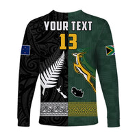 Long-sleeve rugby shirt in green/black with YOUR TEXT 13 on back, fern and petal motifs