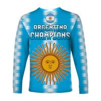 Long sleeve football shirt in blue with white stripes, Argentina Champions text and sun face