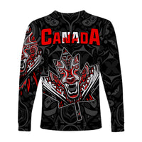 Canada Wolf Long Sleeve Shirt Haida and Maple Leaf LT13 - Wonder Print Shop