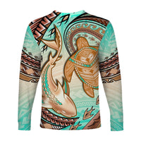 Hawaii Long Sleeve Shirt Polynesian Shark And Sea Turtle Dreamy Turquoise Artsy - Wonder Print Shop