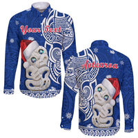 Custom Personalised New Zealand Christmas Long Sleeve Button Shirt Hei Tiki Blue Pohutukawa Meri Kirihimete - Wonder Print Shop