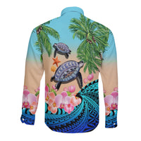 Polynesian Turtle Coconut Tree And Orchids Long Sleeve Button Shirt - Wonder Print Shop