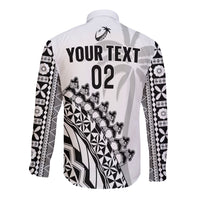 Custom Text And Number Fiji Rugby Long Sleeve Button Shirt Fijian Cibi Dance Tapa Pattern White - Wonder Print Shop