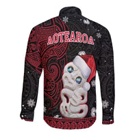 New Zealand Christmas Long Sleeve Button Shirt Hei Tiki Red Pohutukawa Meri Kirihimete - Wonder Print Shop