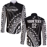 Custom Text And Number Fiji Rugby Long Sleeve Button Shirt Fijian Cibi Dance Tapa Pattern Black - Wonder Print Shop