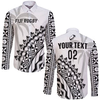 Custom Text And Number Fiji Rugby Long Sleeve Button Shirt Fijian Cibi Dance Tapa Pattern White - Wonder Print Shop