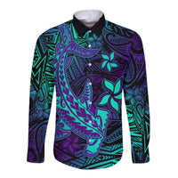 Custom Personalised Polynesian Long Sleeve Button Shirt Purple Paradise Hawaiian Tribal Hammerhead Shark - Wonder Print Shop
