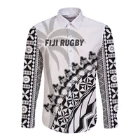 Custom Text And Number Fiji Rugby Long Sleeve Button Shirt Fijian Cibi Dance Tapa Pattern White - Wonder Print Shop