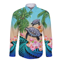 Polynesian Turtle Coconut Tree And Orchids Long Sleeve Button Shirt - Wonder Print Shop