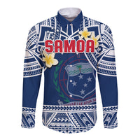 Custom Personalised Samoa Long Sleeve Button Shirt Samoan Plumeria Flowers Mix Polynesian Pattern - Wonder Print Shop