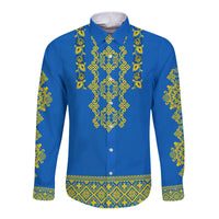 (Custom Personalised) Ukraine Long Sleeve Button Shirt Yellow Ukrainian Folk - Wonder Print Shop