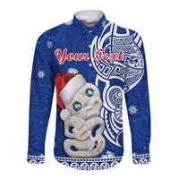Custom Personalised New Zealand Christmas Long Sleeve Button Shirt Hei Tiki Blue Pohutukawa Meri Kirihimete - Wonder Print Shop
