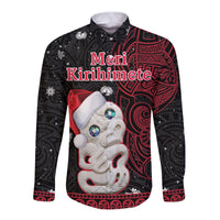 New Zealand Christmas Long Sleeve Button Shirt Hei Tiki Red Pohutukawa Meri Kirihimete - Wonder Print Shop