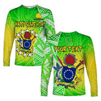 (Custom Personalised) Happy Mangaia Gospel Day Long Sleeve Shirt Cook Islands Coat Of Arms Polynesian Pattern - Wonder Print Shop