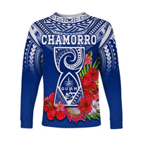 Custom Personalised Guam Chamorro Long Sleeve Shirt Guaman Latte Stone Tropical Flowers Blue Version - Wonder Print Shop