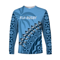 Custom Text And Number Fiji Tapa Rugby Long Sleeve Shirt Fijian Cibi Dance Tapa Pattern Blue - Wonder Print Shop
