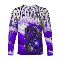Custom Personalised Manaia Maori Long Sleeve Shirt Fern Aotearoa Purple Waves LT13 - Wonder Print Shop