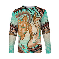 Hawaii Long Sleeve Shirt Polynesian Shark And Sea Turtle Dreamy Turquoise Artsy - Wonder Print Shop