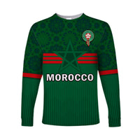 (Custom Text And Number) Morocco Football Long Sleeve Shirt World Cup 2022 Green Moroccan Pattern - Wonder Print Shop