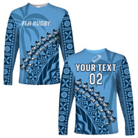 Custom Text And Number Fiji Tapa Rugby Long Sleeve Shirt Fijian Cibi Dance Tapa Pattern Blue - Wonder Print Shop