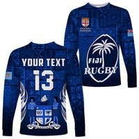 (Custom Text and Number) Fiji Rugby Long Sleeve Shirt Flying Fijians Blue Tapa Pattern LT13 - Wonder Print Shop