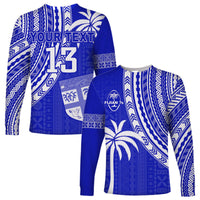 Custom Text and Number Fiji Rugby Sevens Long Sleeve Shirt Fijian 7s Tapa Polynesian Blue Ver.02 LT13 - Wonder Print Shop