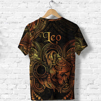 Leo zodiac Polynesian T-shirt back print: lion face with gold “Leo” and ornate patterns