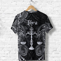 Black Libra T-shirt with tribal white Polynesian motifs and central scale balance emblem