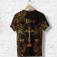 Dark Libra zodiac T-shirt, gold lettering with central hanging balance scale