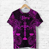 Libra zodiac T-shirt, black with purple/pink Polynesian pattern and balance scales