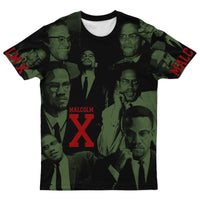 Black crewneck Malcolm X graphic T-shirt with green portrait collage and red X on front