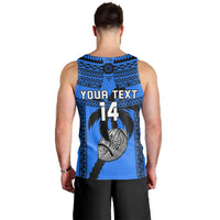 Blue men’s rugby tank top back with “YOUR TEXT” and large number 14