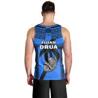 Men's blue rugby tank top, back shows tribal pattern and 'FIJIAN DRUA' text
