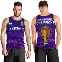 Men's purple football tank top, front and back views with trophy and 'LA ALBICELESTE'.