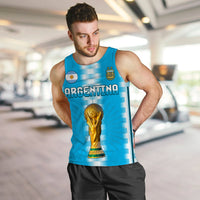 Blue men’s football tank top front view with Argentina text and golden trophy