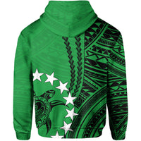 Green pullover hoodie with tribal pattern back and white star graphics
